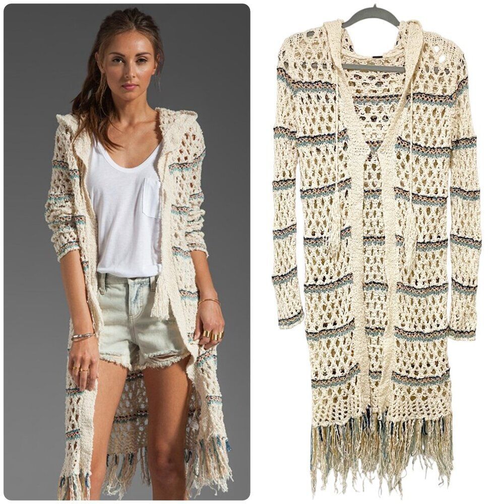 FP Women's Sunblock Ivory Blue Open Knit Crochet Long Sleeve Hooded Cardigan XS